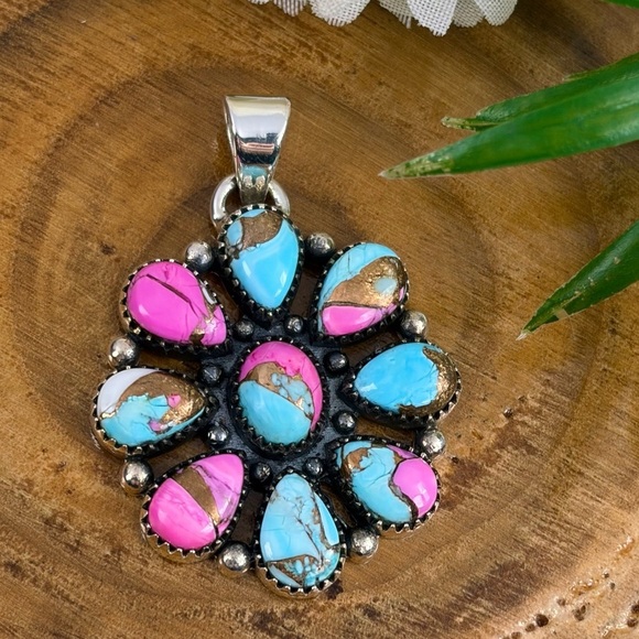 Southwest Jewelry - Pure Sterling Silver 925 Cotton Candy Turquoise Pendant Boho Southwest New